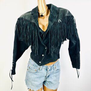 Vintage 80s boho suede leather fringed jacket motorcycle biker jacket